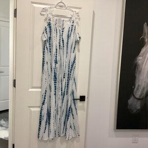 White and Blue Tie-Dye Maxi Dress with Floral Shoulder Detail - Size. - NWT